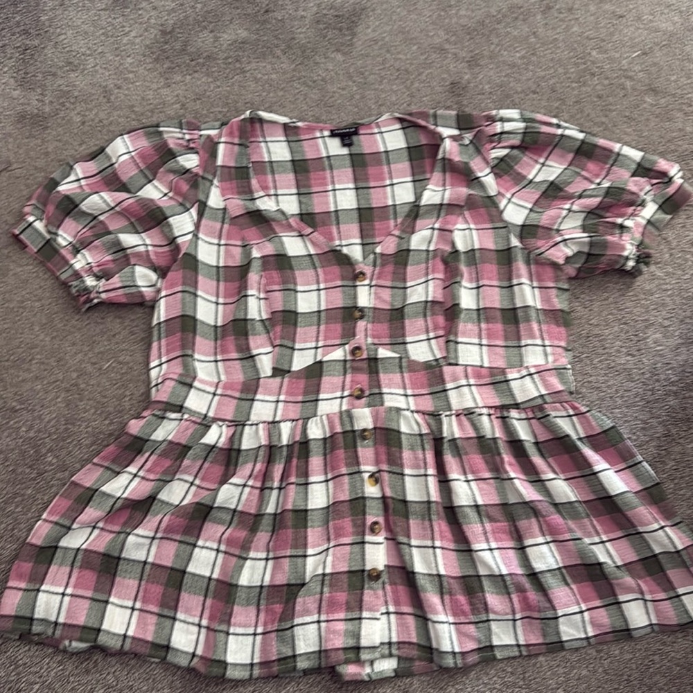 Torrid Babydoll Crinkle Flannel Gauze Smocked Pink Plaid Top Women's 1X 14-16